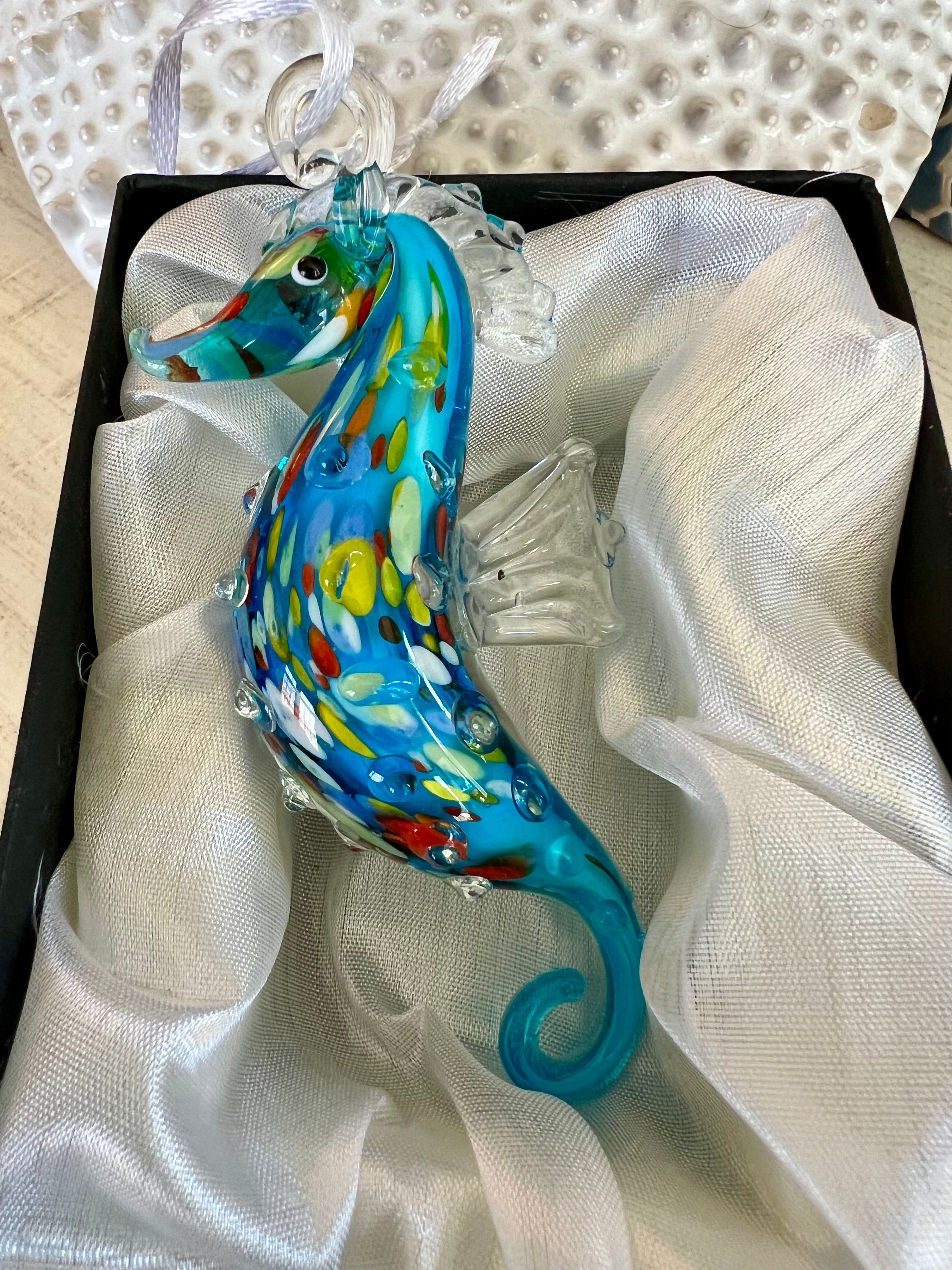 Beachy Blue Glass Seahorse Ornament