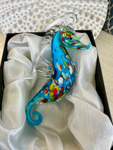 Beachy Blue Glass Seahorse Ornament