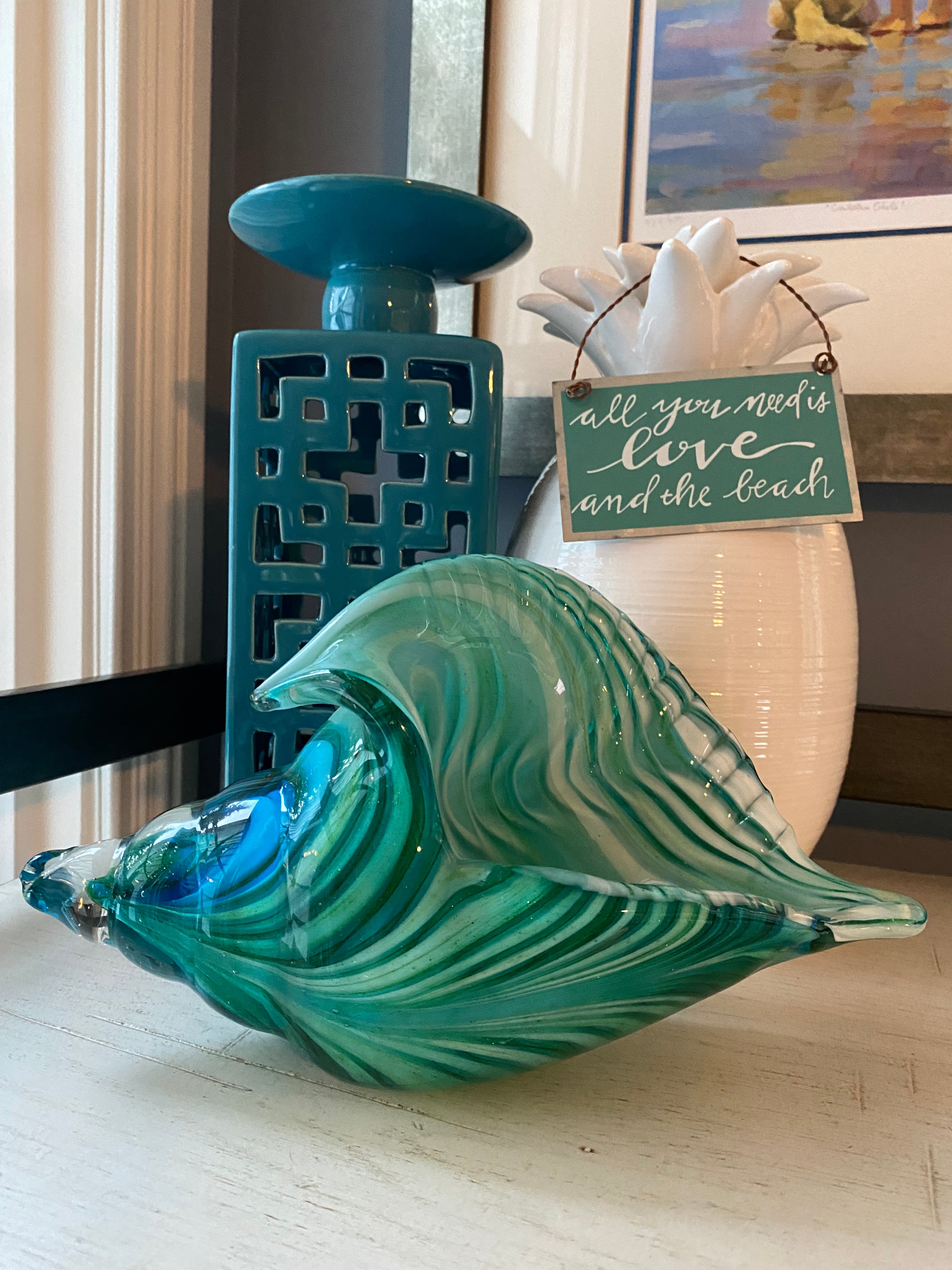 Ocean Blue Conch Shell Glass Art