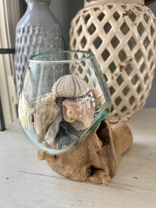 Hand Blown Glass and Driftwood Vase