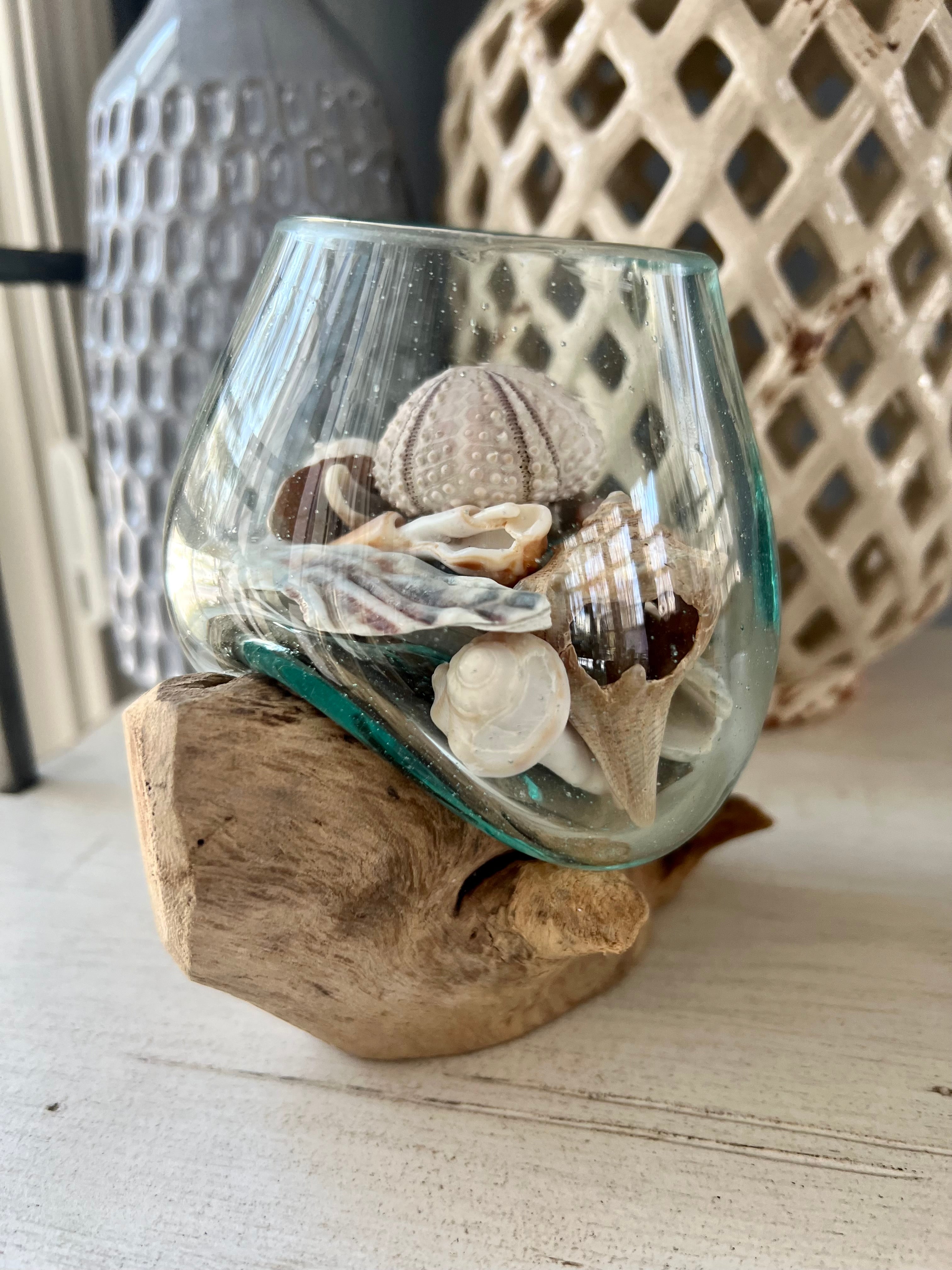 Hand Blown Glass and Driftwood Vase