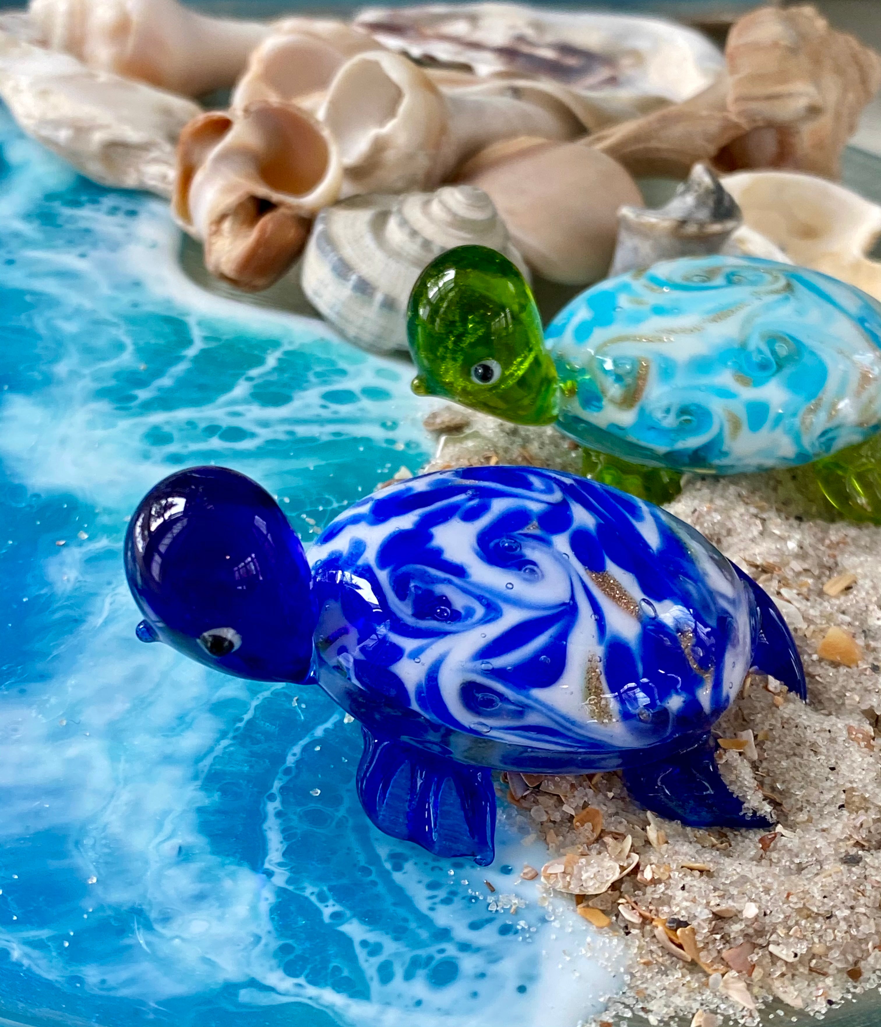 Mini Turquoise Swirl Turtle Glass Figurine